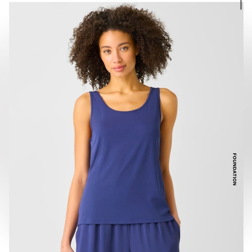 Eileen Fisher 100% Silk Scoop Neck Cami Tank Solid Blue Minimalist Luxury Size S